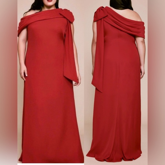 NWOT Tadashi Shoji One-Shoulder Bow Crepe Column Gown Sz 16 red rose - Picture 1 of 10